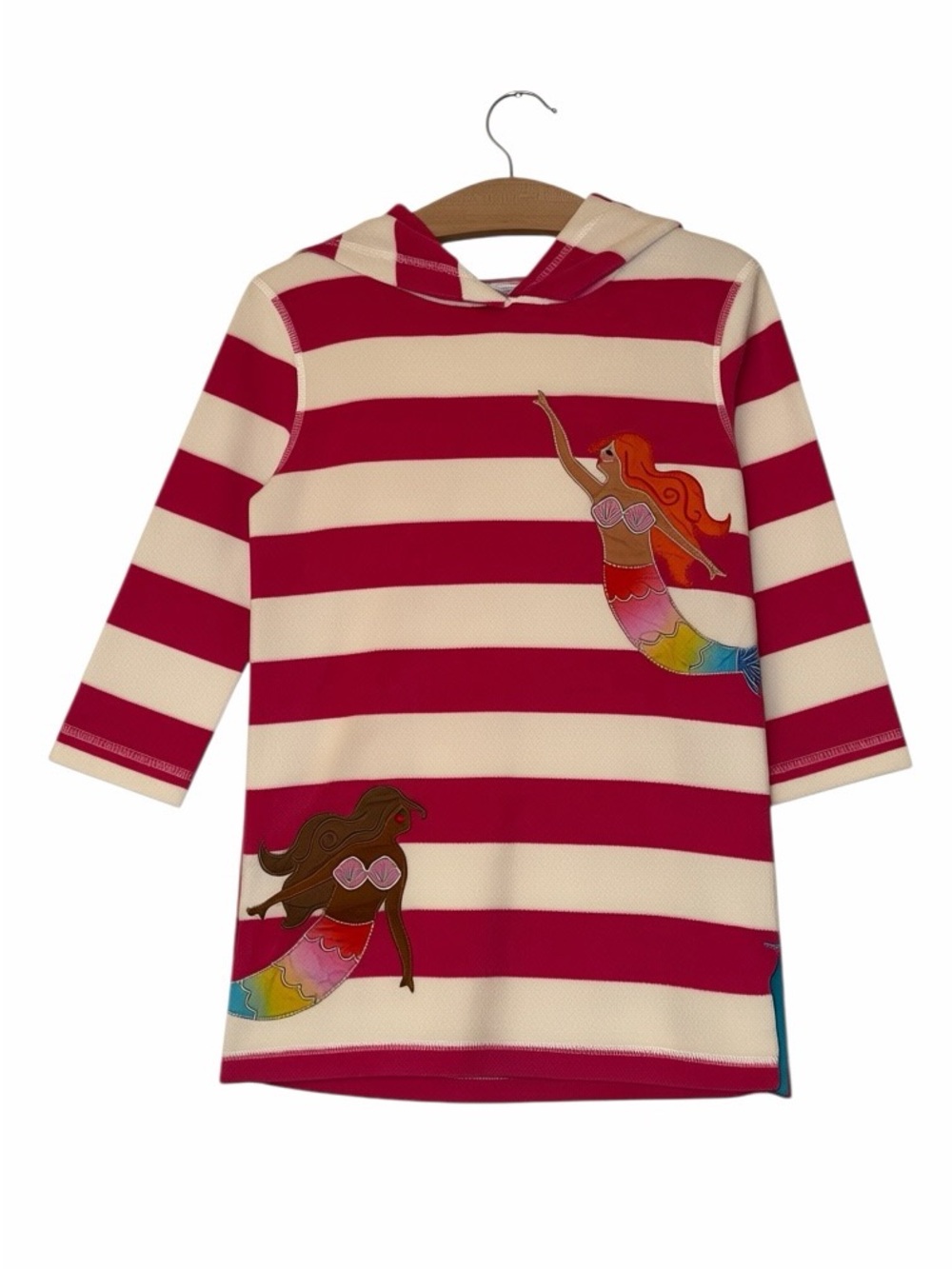 Mini Boden girls pink & Cream Striped Terry Mermaid Hooded Swim Cover-Up 5-6 NWT